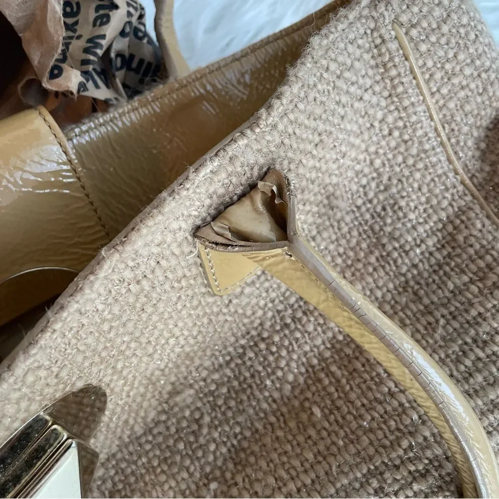 Kate spade tweed wool burlap and‎ patent leather large Slouchy Satchel tote
